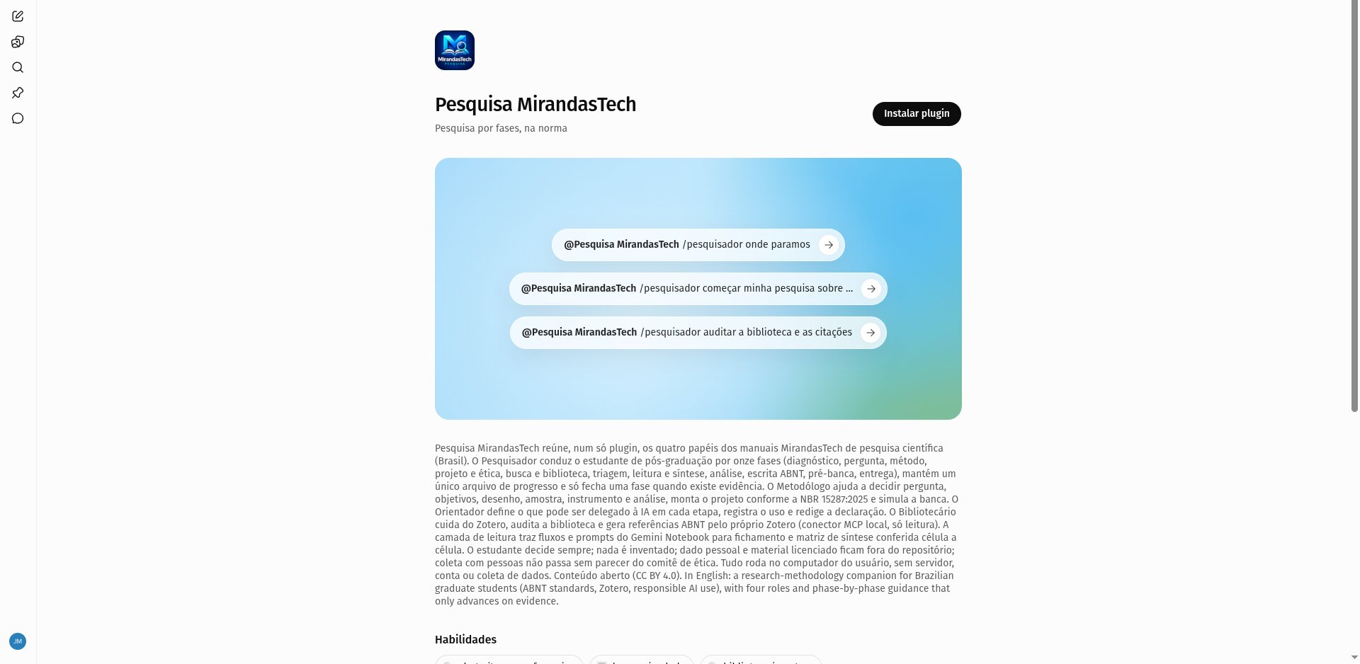 Página do plugin Pesquisa MirandasTech no diretório de plugins do ChatGPT