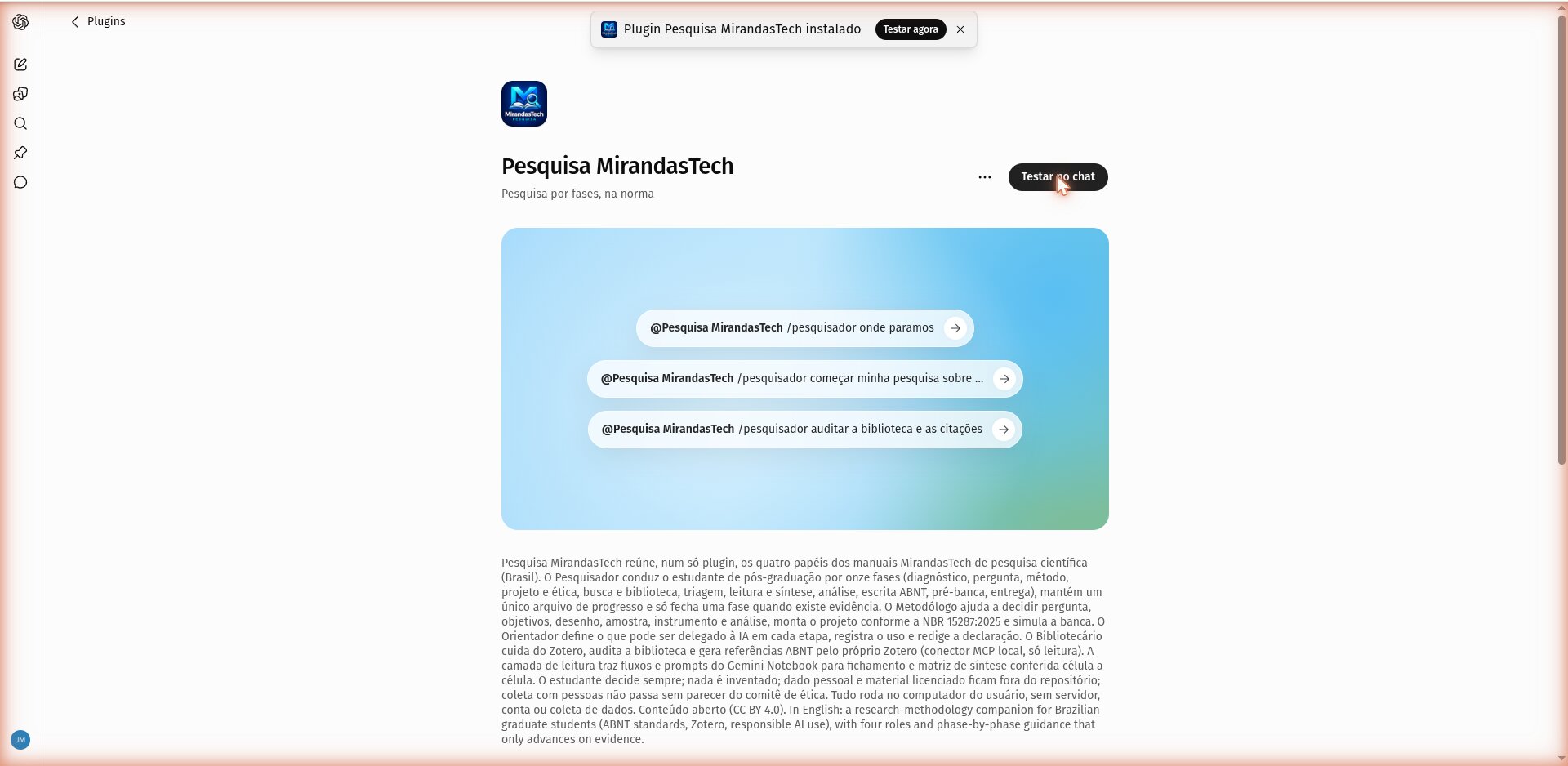 ChatGPT confirmando que o plugin Pesquisa MirandasTech foi instalado