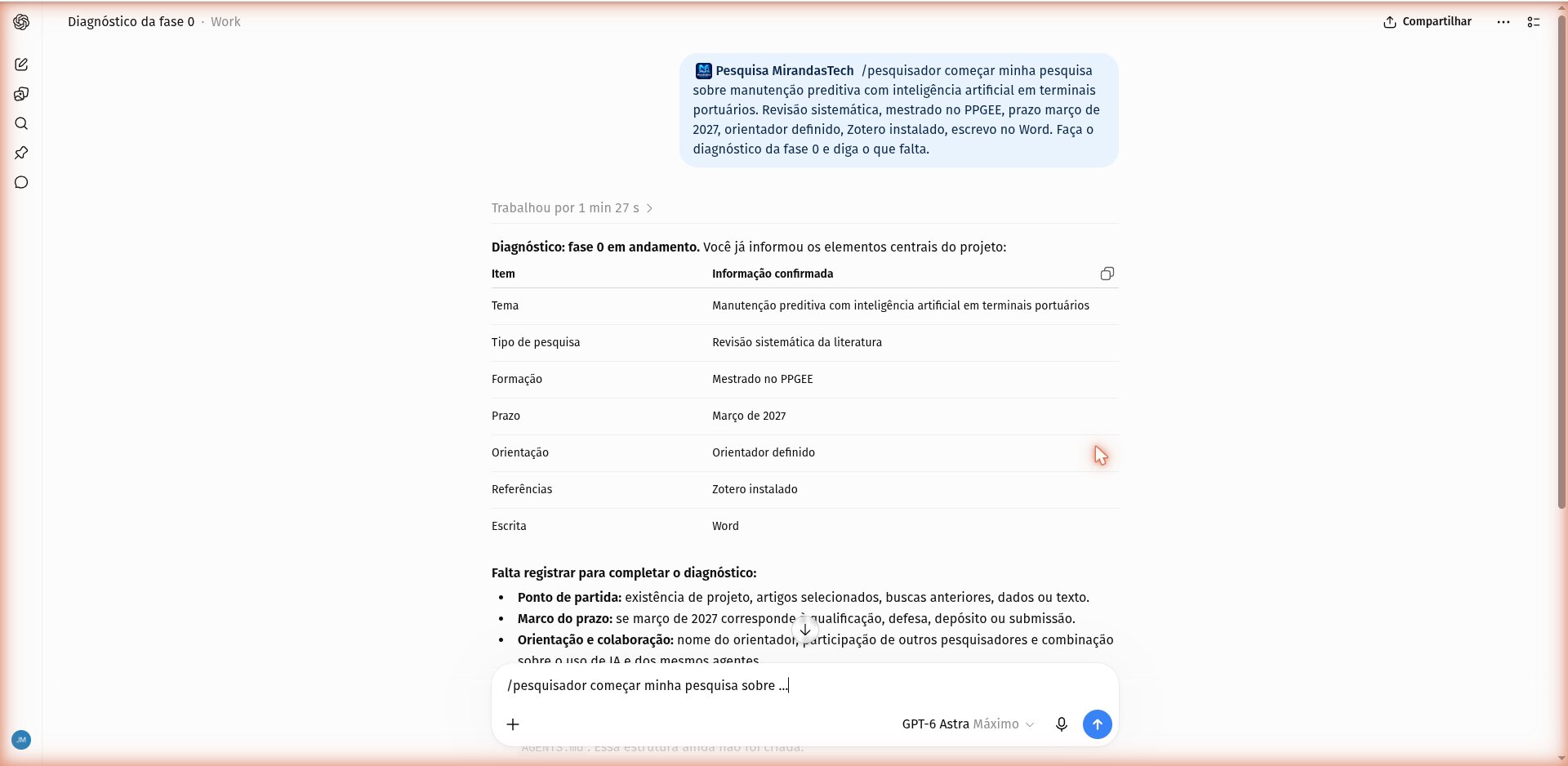 Resposta do ChatGPT como Pesquisador MirandasTech, com as perguntas do diagnóstico