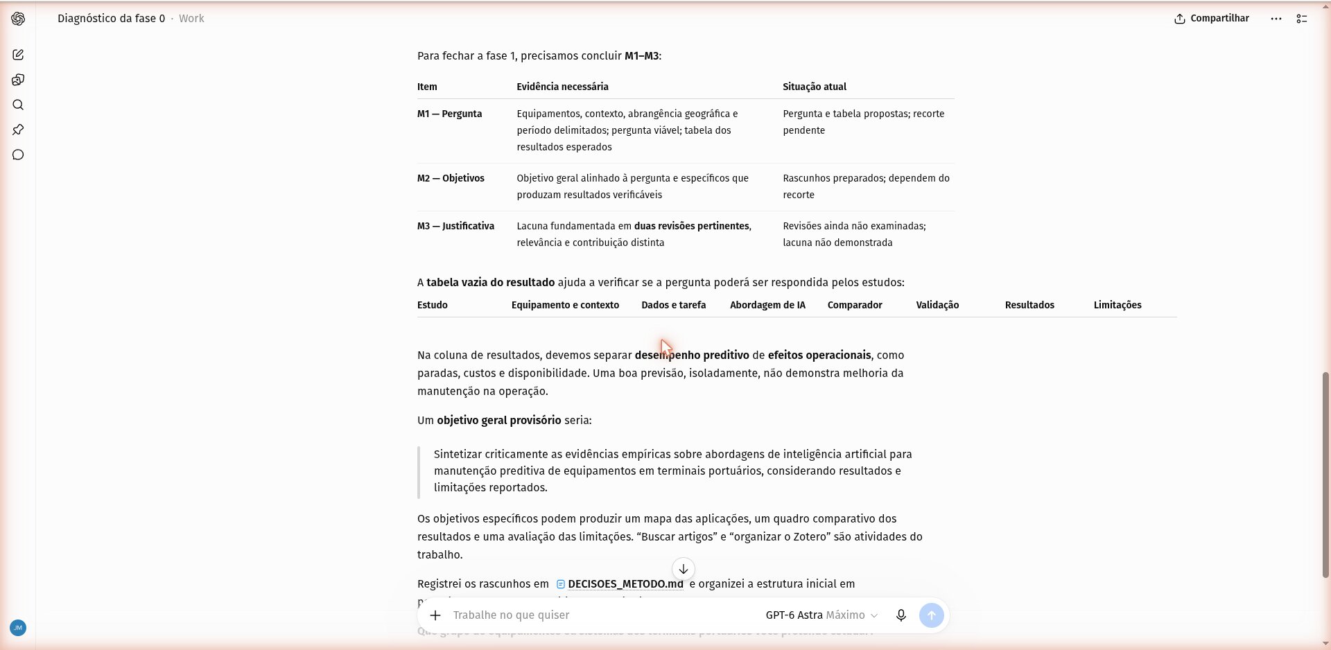 Resposta do Metodólogo no ChatGPT: pergunta de pesquisa reformulada, tabela M1 a M3 com evidência necessária e situação atual, e a tabela vazia do resultado