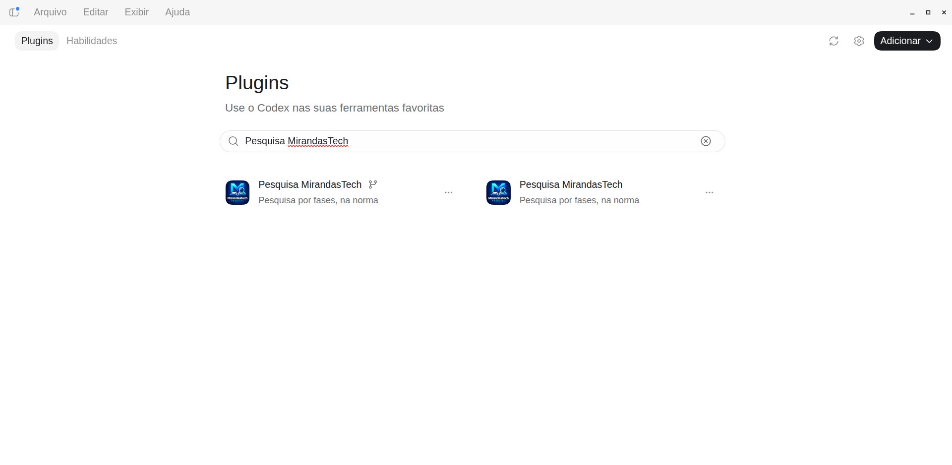 Aplicativo do Codex, página Plugins, com a busca Pesquisa MirandasTech mostrando dois resultados