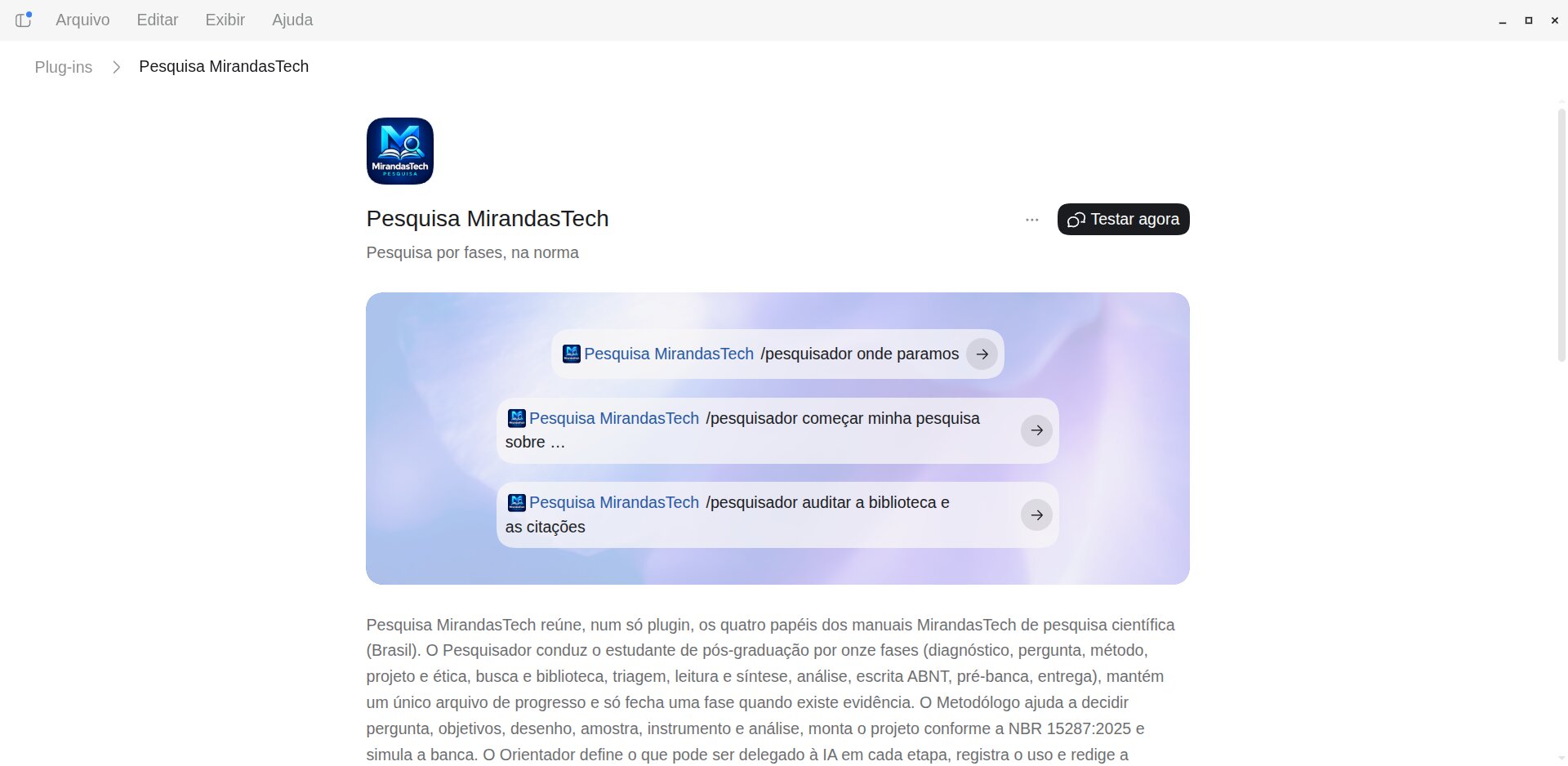 Página do plugin Pesquisa MirandasTech no aplicativo do Codex com os três pedidos de partida e o botão Testar agora
