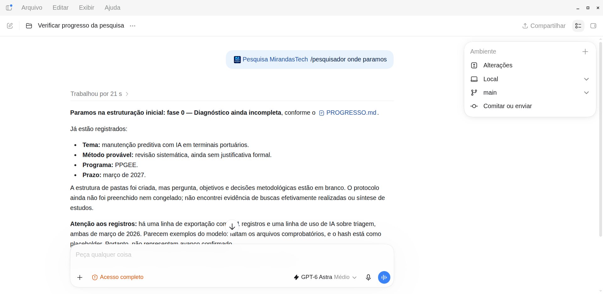 Chat do aplicativo do Codex com a resposta do Pesquisador: fase 0 incompleta, o que já está registrado e a pergunta sobre o orientador