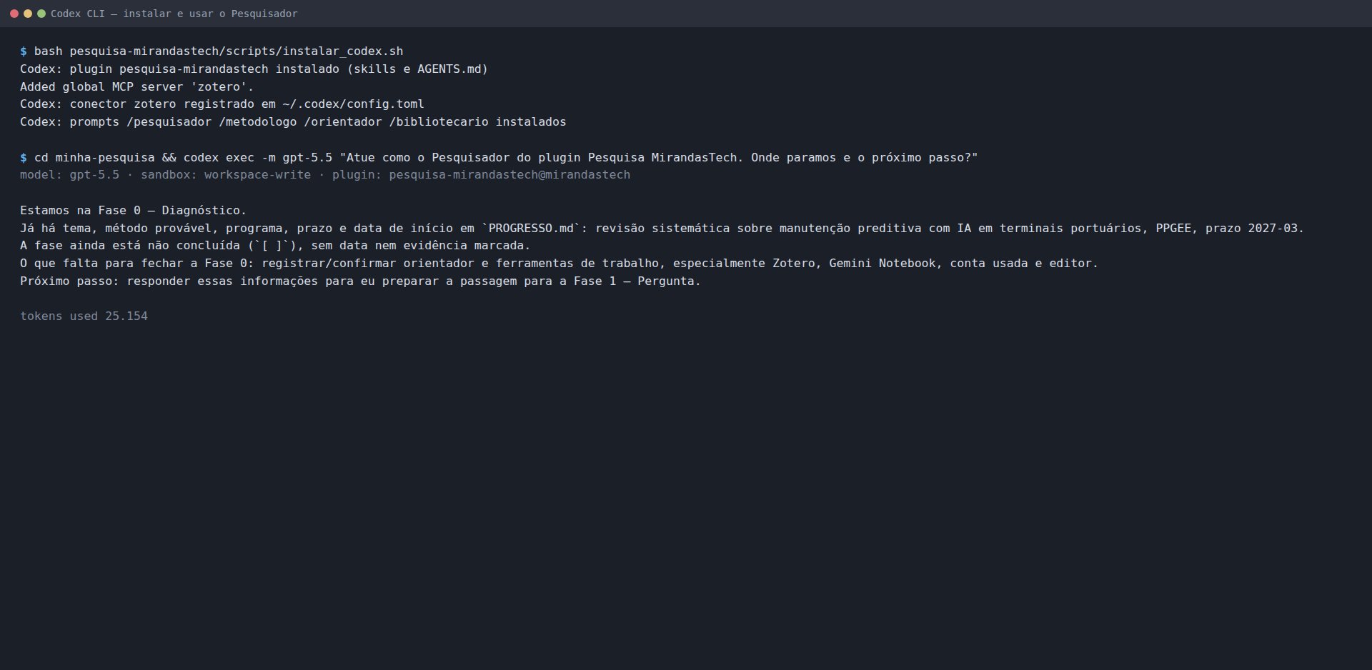 Terminal com os comandos codex plugin marketplace add e codex plugin add pesquisa-mirandastech@mirandastech