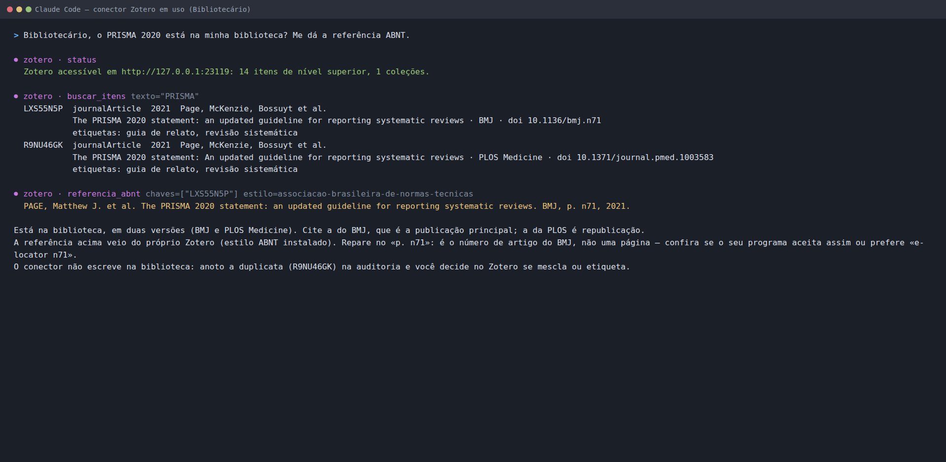 Claude Code chamando as ferramentas status, buscar_itens e referencia_abnt do conector zotero e mostrando o resultado