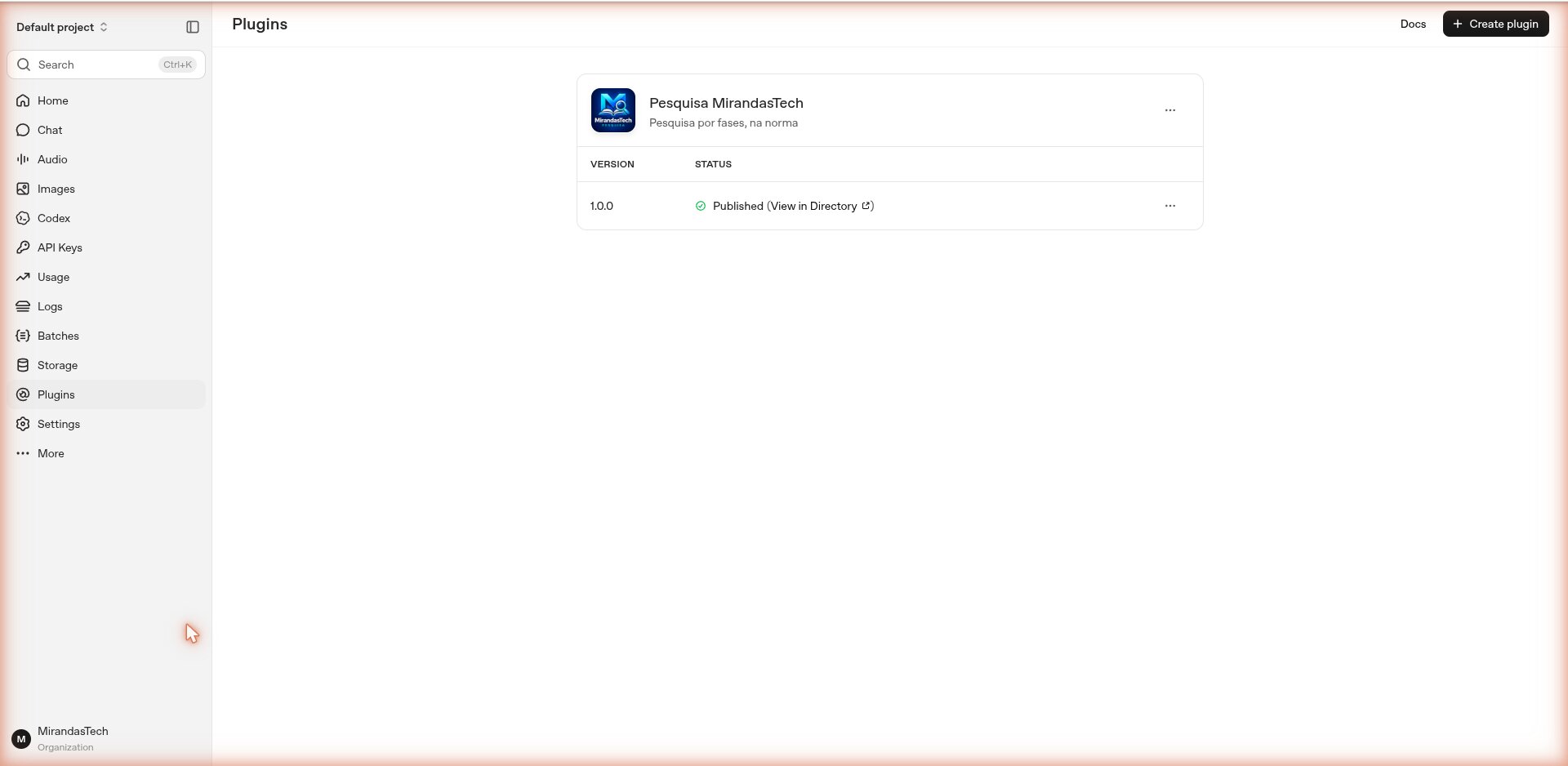 Portal de plugins da OpenAI com o plugin Pesquisa MirandasTech publicado